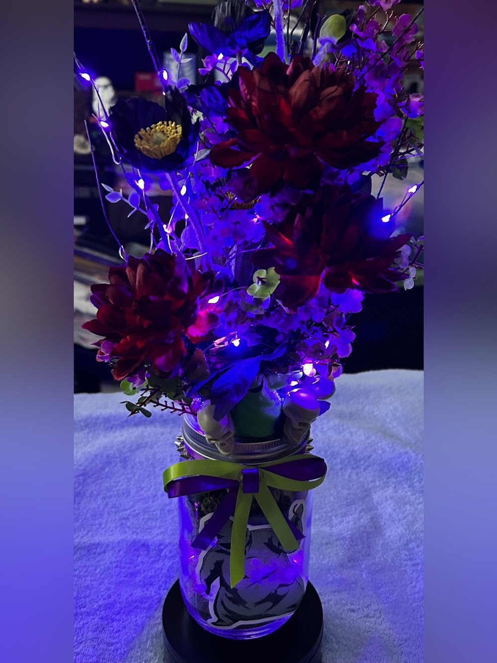 NIGHTMARE BEFORE XMAS-INSPIRED/FANDOM FAUX FLORAL ARRANGEMENT W/ PURPLE LIGHTS